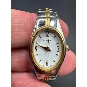 VTG Pulsar Quartz Watch 1N01-X057 Women's Dual Tone Oval Stretch Band 15mm